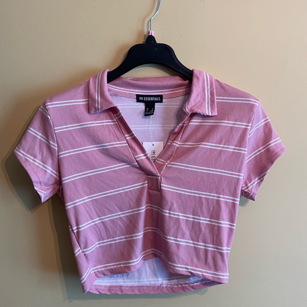 collared v neck crop with stripes